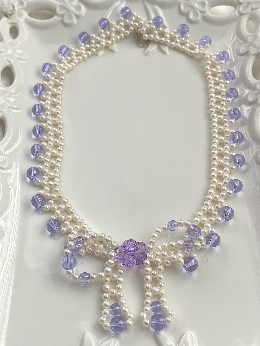 GP88-Handmade Braided High Quality Round Baby Pearl And Amethyst Bow Necklace
